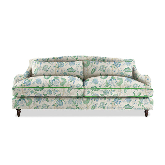 Isobel 4 seater sofa in Natural Linen Kitty Blue Green with Velvet Trim