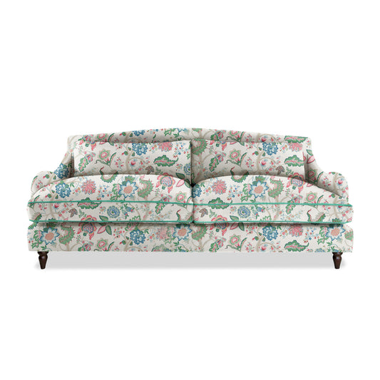 Isobel 4 seater sofa in Natural Linen Kitty Spring Green with Velvet Trim