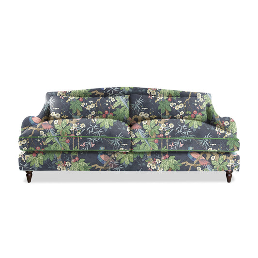 Isobel 4 seater sofa in Natural Linen Belleville Navy with Velvet Trim