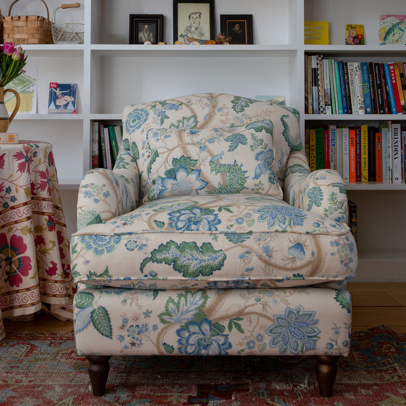 Felix Armchair with Fixed Back in Natural Linen Kitty Blue Green