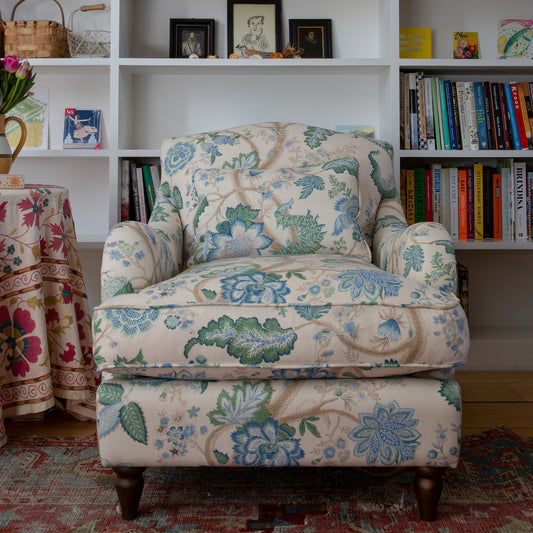 Isobel Armchair with Fixed Back in Natural Linen Kitty Blue Green