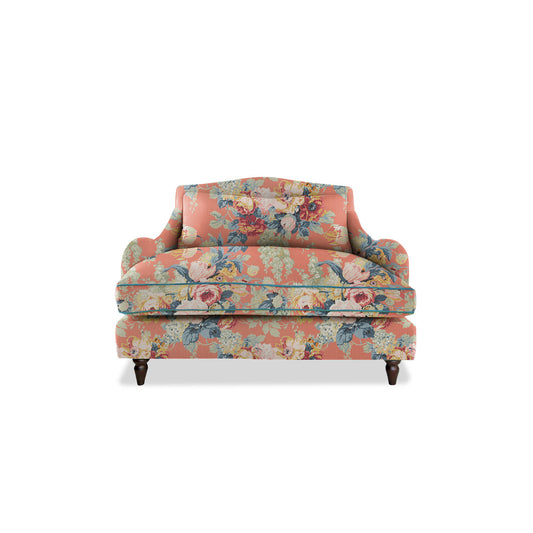 Isobel Loveseat in Natural Linen English Garden Coral Orange with Velvet Trim