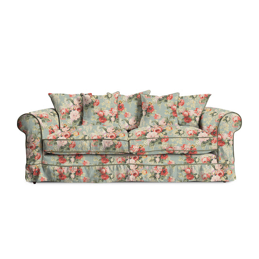 Salthrop Large Sofa with Scatter Cushion in Grey Skies with Green Tea Velvet Trim