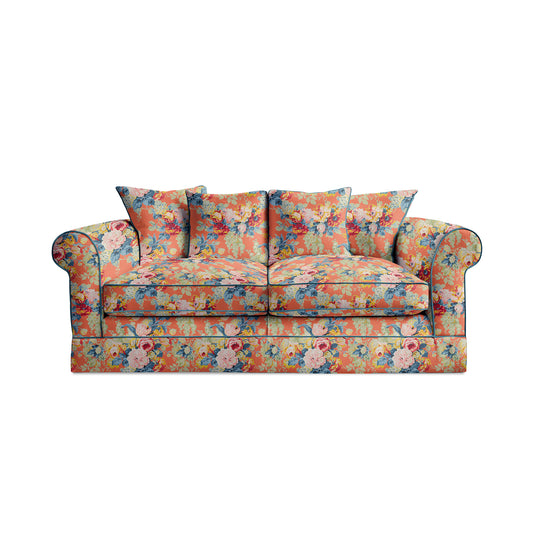 Salthrop Medium Sofa with Scatter Cushion in Coral Orange with Lagoon Velvet Trim