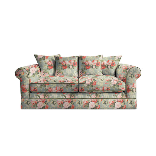 Salthrop Medium Sofa with Scatter Cushion in Grey Skies with Green Tea Velvet Trim