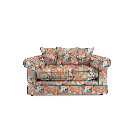 Salthrop Loveseat with Scatter Cushion in Coral Orange with Lagoon Velvet Trim