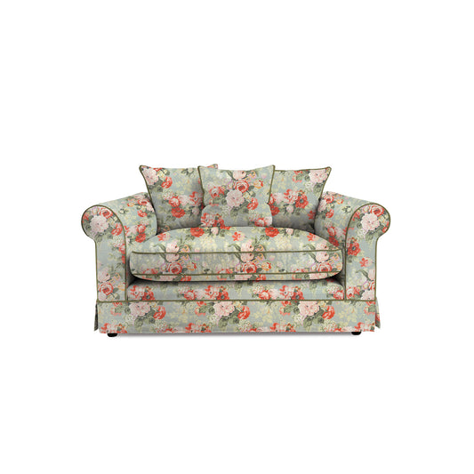 Salthrop Loveseat with Scatter Cushion in Grey Skies with Green Tea Velvet Trim