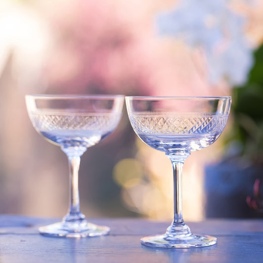 Two Champagne Saucers with Bands Design by Vintage List