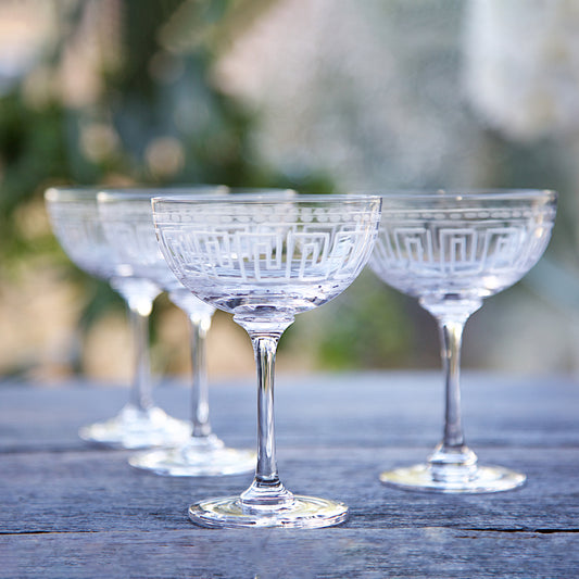 Two Champagne Saucers with Greek Key Design by Vintage List