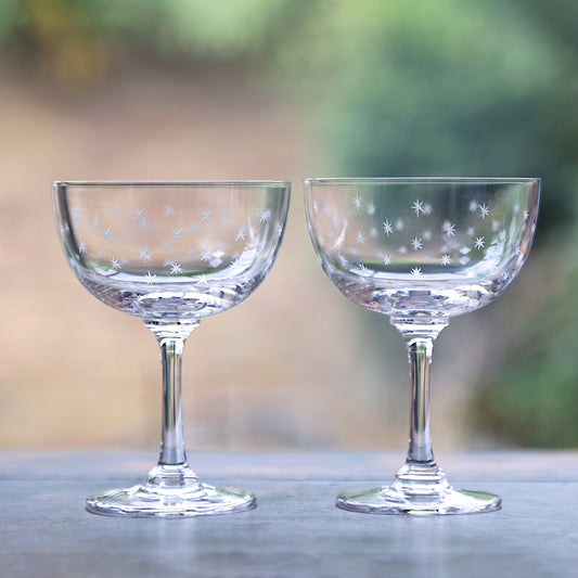 Two Champagne Saucers with Stars Design by Vintage List