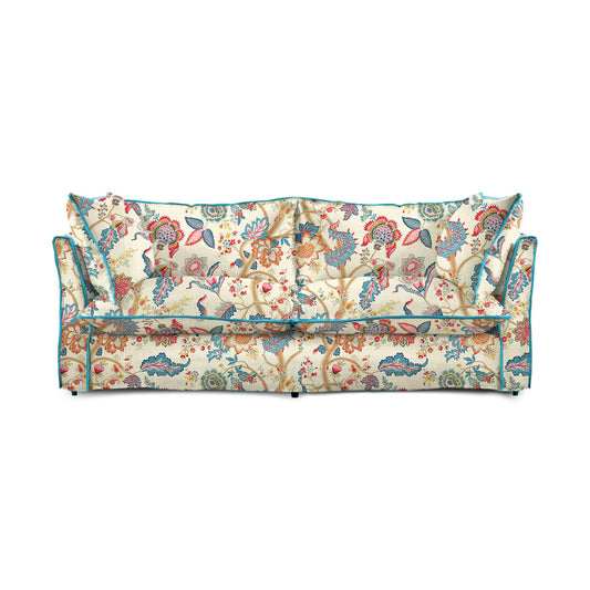 Coco 2.5 seater sofa with Knife Edge cushion in Kitty Indian Summer with Velvet Trim - Made to Order