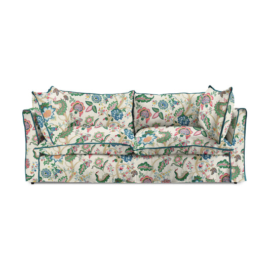 Coco 2.5 seater sofa with Knife Edge cushion in Kitty Spring Green with Lagoon Velvet Trim - Made to Order