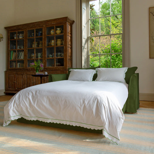 Coco 2.5 seater sofa bed with Self Piped Knife Edge cushion in Cotton Linen Evergreen - Made to Order