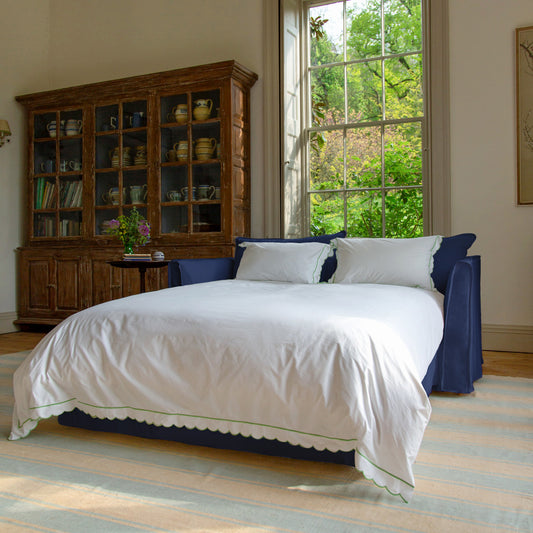 Coco 2.5 seater sofa bed with Self Piped Knife Edge cushion in Cotton Linen Inkspot - Made to Order