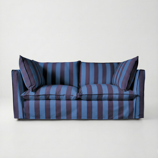 Coco 2.5 seater sofa with Self Piped Knife Edge cushion in Coastal Blue Stripes - Made to Order