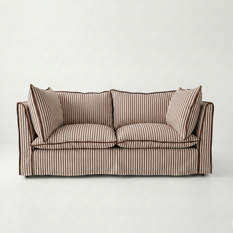 Coco 2.5 seater sofa with Knife Edge cushion in Narrow Chocolate Stripes - Made To Order