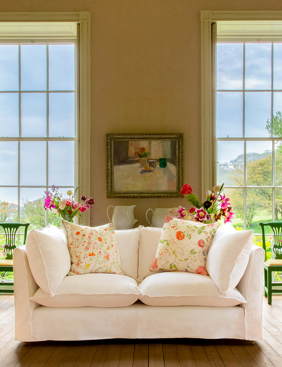 Coco 2.5 seater sofa with Self Piped Knife Edge cushion in Cotton Linen White Camellia Available Now sophieconran