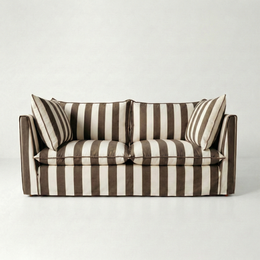 Coco 2.5 seater sofa with Knife Edge cushion in Stripe Chocolate - Made To Order