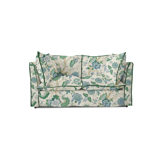 Coco 2 seater sofa with Knife Edge cushion in Kitty Blue Green with Velvet Trim - Made to order