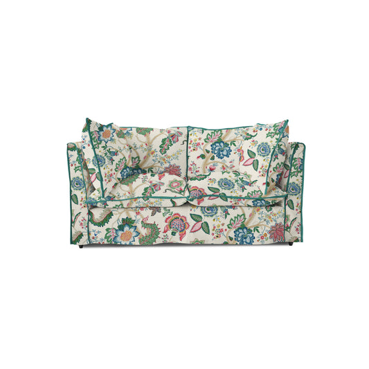 Coco 2 seater sofa with Knife Edge cushion in Kitty Spring Green with Velvet Trim - Made to order