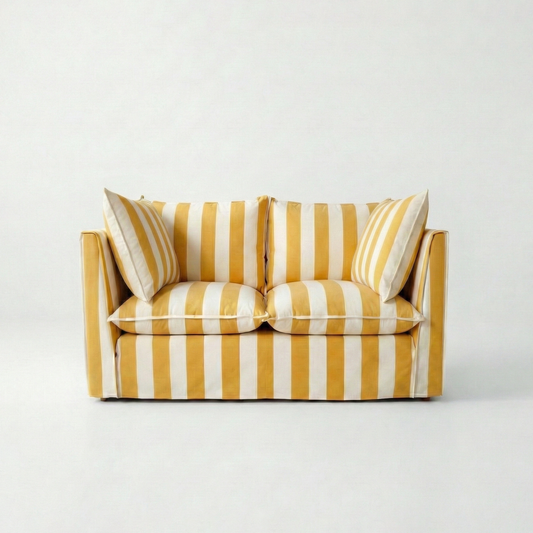 Coco 2 seater sofa with Knife Edge cushion in Stripe Dandelion - Made To Order
