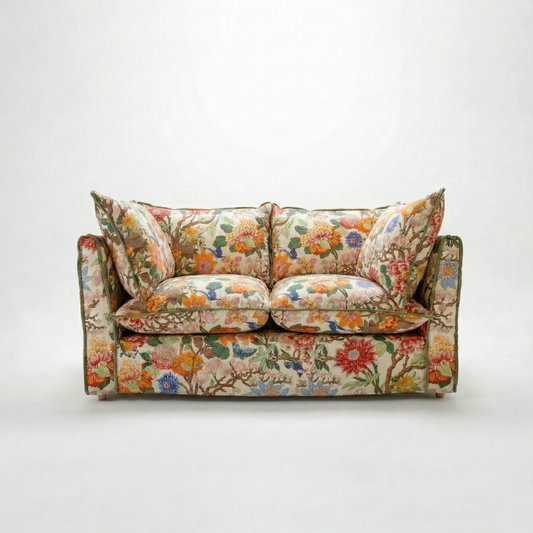 Coco 2 seater sofa with Contrast Piped Knife Edge cushion in GP & J Baker Magnolia Cream Blue - Made to order