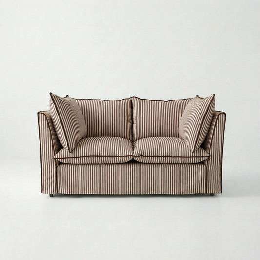Coco 2 seater sofa with Knife Edge cushion in Narrow Chocolate Stripes - Made To Order