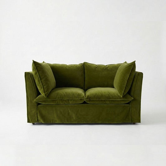 Coco 2 seater sofa with Knife Edge cushion in Pelham Moss Velvet - Made To Order