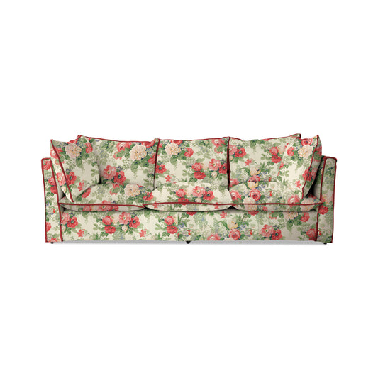 Coco 3.5 seater sofa with Knife Edge cushion in English Garden Classic Rose with Velvet Trim - Made to Order