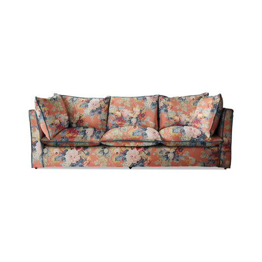 Coco 3.5 seater sofa with Knife Edge cushion in English Garden Coral Orange with Velvet Trim - Made to Order