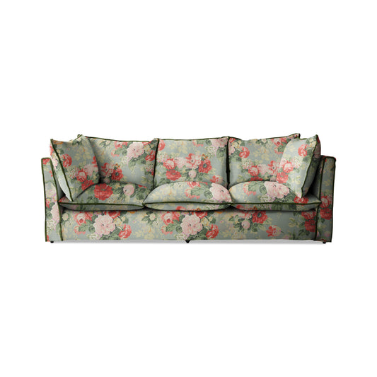 Coco 3.5 seater sofa with Knife Edge cushion in English Garden Grey Skies with Velvet Trim - Made to Order