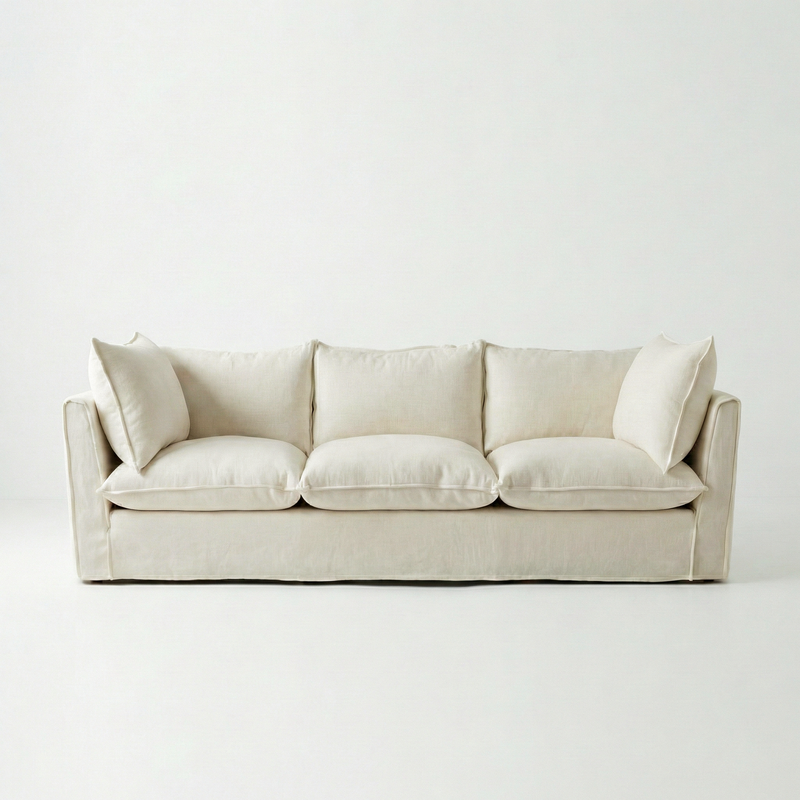 Coco 3.5 seater sofa with Self Piped Knife Edge cushion in Cotton Linen Cool Coconut - Made to Order
