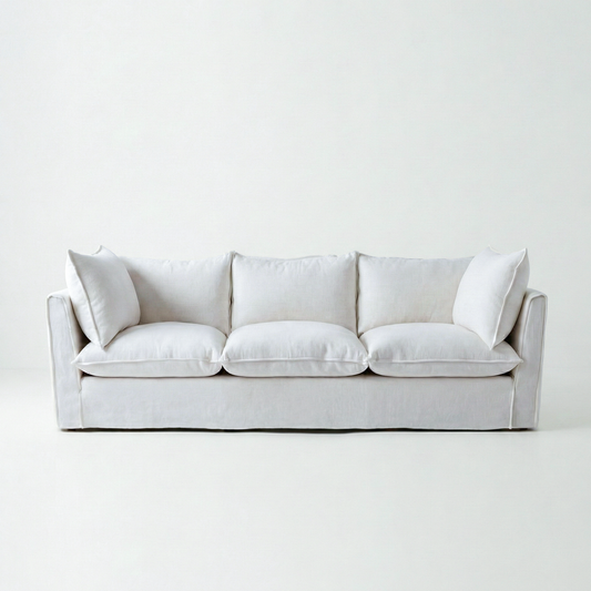 Coco 3.5 seater sofa with Self Piped Knife Edge cushion in Cotton Linen Snow Drop - Made to order