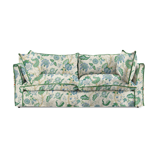 Coco 3 seater sofa with Knife Edge cushion in Kitty Blue Green with Parakeet Velvet Trim - Made to Order