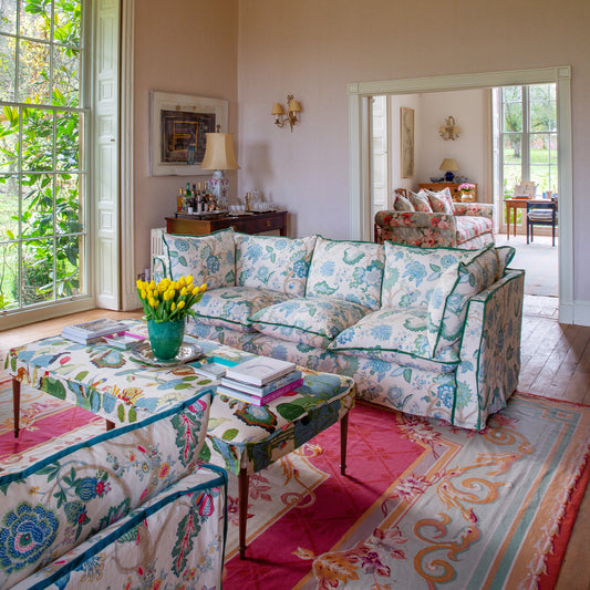 Coco 3.5 seater sofa with Knife Edge cushion in Kitty Blue Green with Velvet Trim - Made to Order