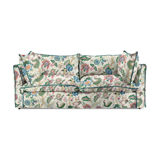 Coco 3 seater sofa with Knife Edge cushion in Kitty Spring Green with Lagoon Velvet Trim - Made to Order