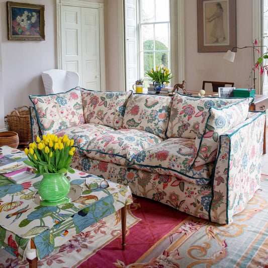 Coco 3.5 seater sofa with Knife Edge cushion in Kitty Spring Green with Velvet Trim - Made to Order