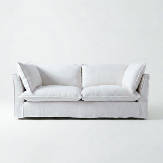 Coco 3 seater sofa with Self Piped Knife Edge cushion in Cotton Linen Snow Drop - Available for quick ship