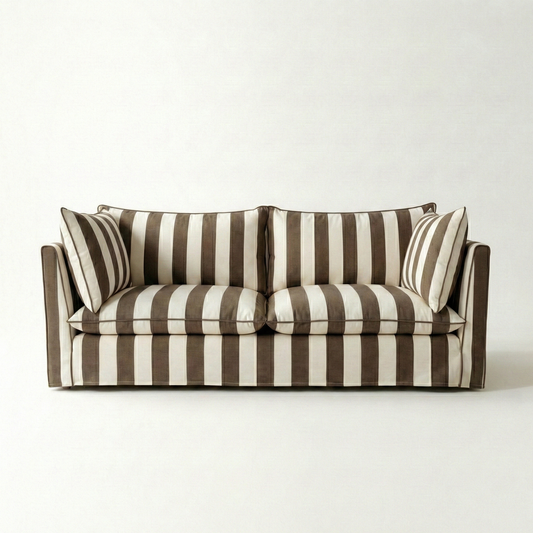 Coco 3 seater sofa with Knife Edge cushion in Stripe Chocolate - Made To Order
