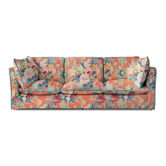 Coco 4 seater sofa with Knife Edge cushion in English Garden Coral Orange with Velvet Trim - Made to Order