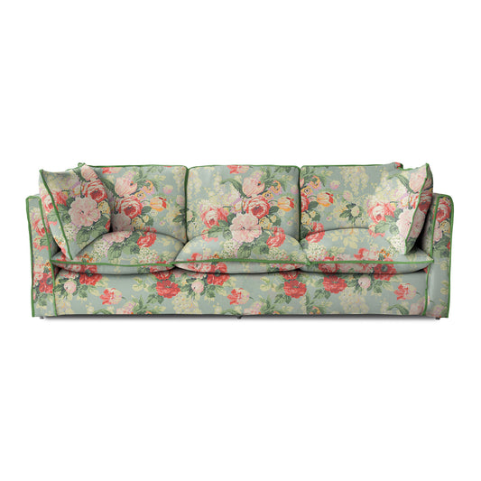 Coco 4 seater sofa with Knife Edge cushion in English Garden Grey Skies with Velvet Trim - Made to Order