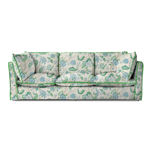 Coco 4 seater sofa with Knife Edge cushion in Kitty Blue Green with Velvet Trim - Made to Order