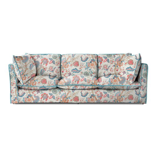 Coco 4 seater sofa with Knife Edge cushion in Kitty Indian Summer with Velvet Trim - Made to Order