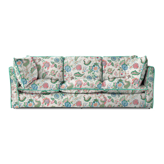 Coco 4 seater sofa with Knife Edge cushion in Kitty Spring Green with Velvet Trim - Made to Order