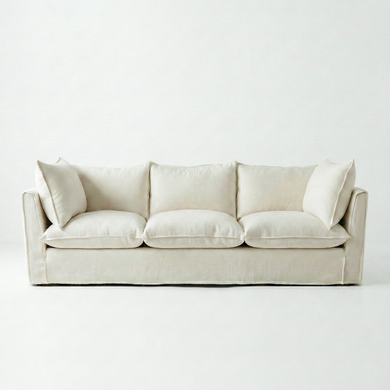 Coco 4 seater sofa with Self Piped Knife Edge cushion in Cotton Linen Cool Coconut - Made to Order