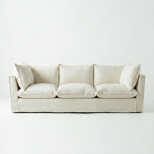Coco 4 seater sofa with Self Piped Knife Edge cushion in Cotton Linen Cool Coconut - Made to Order