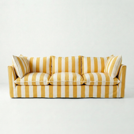 Coco 4 seater sofa with Self Piped Knife Edge cushion in Stripe Dandelion - Made to Order