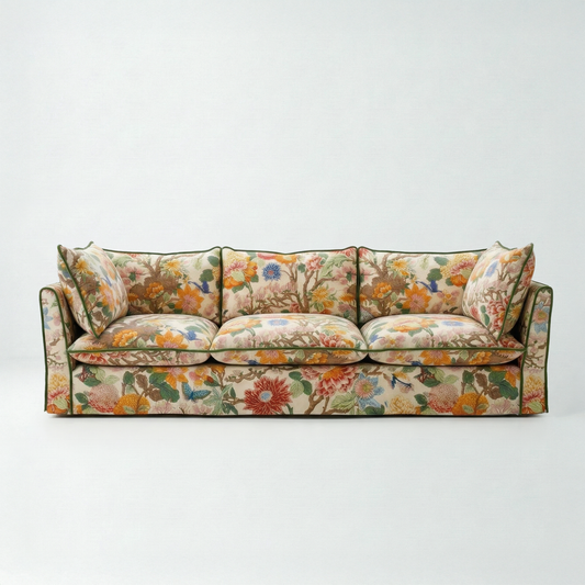 Coco 4 seater sofa with Contrast Piped Knife Edge cushion in Magnolia Cream Blue - Made to Order