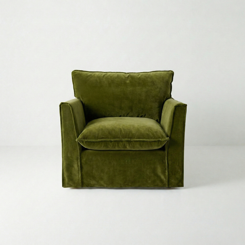 Coco Armchair with Knife Edge cushion in Pelham Moss Velvet - Made To Order