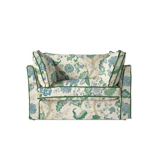 Coco Loveseat with Box Edge cushion in Kitty Blue Green with Parakeet Velvet Trim - Made to order